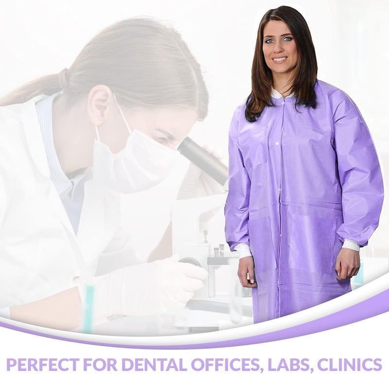 Medical Nation Store 10 معاطف مختبر قابلة للتخلص منها - معطف مختبر متين بطول الركبة قابل لإعادة الاستخدام مع أساور محبوكة وجيوب، للجنسين | مثالي لطب الأسنان، المستشفيات، الصيدليات، المختبرات، العيادات - بنفسجي، كبير جداً - Image 3